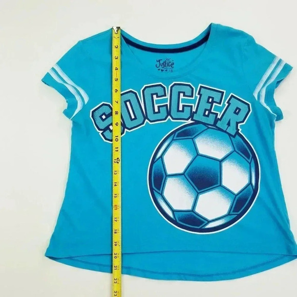 Justice Girls Size 18 Crew Neck Short Sleeve Aqua Blue Glitter Soccer Tee Shirt - Picture 6 of 7